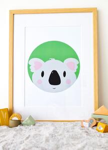 Plakát Koala (21x30cm) A4, Plakát do dětského pokoje, Plakát se zvířátkem, Ručně kreslený obrázek, Plakát na zeď pokojíčku, Barva: Zelená