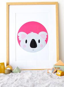 Plakát Koala (21x30cm) A4, Plakát do dětského pokoje, Plakát se zvířátkem, Ručně kreslený obrázek, Plakát na zeď pokojíčku, Barva: Růžová