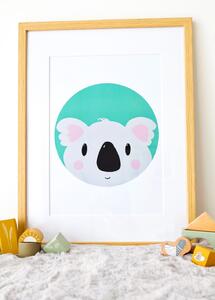 Plakát Koala (21x30cm) A4, Plakát do dětského pokoje, Plakát se zvířátkem, Ručně kreslený obrázek, Plakát na zeď pokojíčku, Barva: Tyrkysová