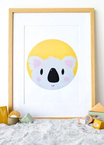 Plakát Koala (21x30cm) A4, Plakát do dětského pokoje, Plakát se zvířátkem, Ručně kreslený obrázek, Plakát na zeď pokojíčku, Barva: Žlutá
