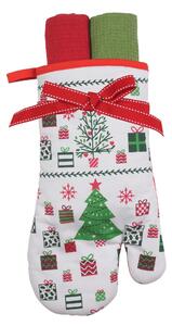 Kuchyňský vánoční dárkový set PREZENT rukavice 18x30 cm - 2x Vánoční utěrka 38x64 cm 100% bavlna MyBestHome