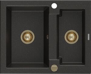 MEXEN/S - Carlos granitový dřez 1.5 582x475 mm, černá/zlatý metalik, + zlatý sifon 6518581500-75-G