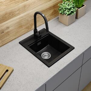 Sink Quality Ferrum New 4050, 1-komorový granitový dřez 400x500x185 mm + chromový sifon, černá skvrnitá, SKQ-FER.4050.BP.X
