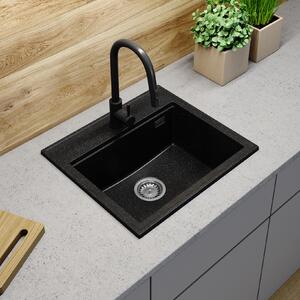 Sink Quality Ferrum New 5055, 1-komorový granitový dřez 560x500x210 mm + grafitový sifon, černá skvrnitá, SKQ-FER.5055.BP.XB
