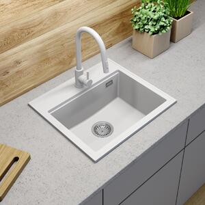 Sink Quality Ferrum New 5055, 1-komorový granitový dřez 560x500x210 mm + grafitový sifon, bílá, SKQ-FER.5055.WH.XB