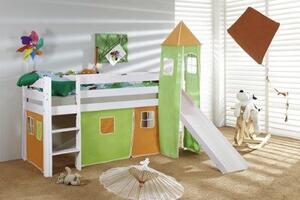 Dětská VYVÝŠENÁ postel se skluzavkou DOMEČEK zelenooranžový - BÍLÁ