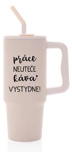 PRÁCE NEUTEČE, KÁVA VYSTYDNE! - růžový cestovní termohrnek 900 ml