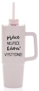 PRÁCE NEUTEČE, KÁVA VYSTYDNE! - růžový cestovní termohrnek s průhledným víčkem 900 ml