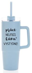 PRÁCE NEUTEČE, KÁVA VYSTYDNE! - světle modrý cestovní termohrnek s průhledným víčkem 900 ml