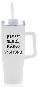 PRÁCE NEUTEČE, KÁVA VYSTYDNE! - bílý cestovní termohrnek s průhledným víčkem 900 ml