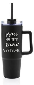 PRÁCE NEUTEČE, KÁVA VYSTYDNE! - černý cestovní termohrnek s průhledným víčkem 900 ml