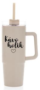 KÁVOHOLIK - béžový cestovní termohrnek s průhledným víčkem 900 ml