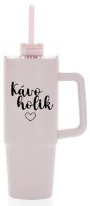 KÁVOHOLIK - růžový cestovní termohrnek s průhledným víčkem 900 ml