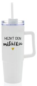 HEZKÝ DEN MILÁČKU - bílý cestovní termohrnek s průhledným víčkem 900 ml