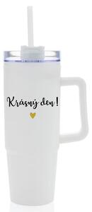 KRÁSNÝ DEN - bílý cestovní termohrnek s průhledným víčkem 900 ml