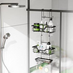 Ibenzoa® Černý, úsporný, závěsný sprchový organizér s 3 košíky, 2 policemi, držákem na mýdlo a 26 háčky, určený pro bezešvé skleněné dveře do 4 cm – bez nutnosti vrtání