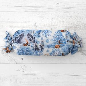 Biante Polštář válec bonbon Sandra SA-674 Lesní zvířata v zimním lese na modrém 15x40 cm