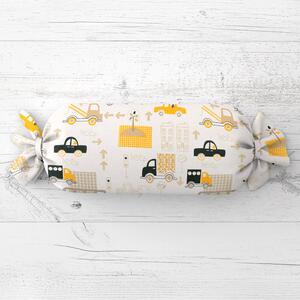 Biante Dětský polštář válec bonbon Sandra SA-672 Žlutá a šedohnědá auta ve městě na bílém 15x40 cm