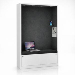 Skříň se sedákem a zónou ticha SALLY MentalBox, bílá konstrukce, tmavě šedý sedák, 1850 x 1150 x 400 mm