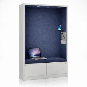 Skříň se sedákem a zónou ticha SALLY MentalBox, šedá konstrukce, tmavěmodrý sedák, 1850 x 1150 x 400 mm