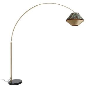 Booglamp messing met dubbele velours kap blad dessin en beige - XXL