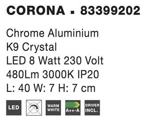 Nova Luce Nástěnné LED svítidlo CORONA chromovaný hliník K9 křišťál 8W 3000K