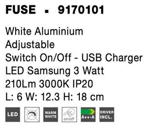 Nova Luce Bodové LED svítidlo FUSE, USB nabíjení, 3W 3000K Barva: Bílá
