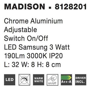 Nova Luce Bodové LED svítidlo MADISON, 3W 3200K vypínač na těle nastavitelné Barva: Nikl