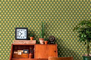 A.S. Création | Vliesová tapeta na zeď Retro Chic 39538-1 | 0,53 x 8,5 m | zelená, oranžová, žlutá