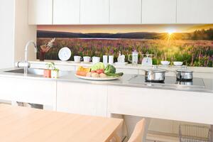 DIMEX | Fototapeta do kuchyně Západ slunce na louku KI-350-145 | 350 x 60 cm | zelená, fialová, žlutá