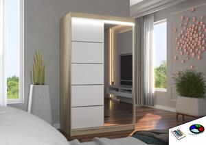 ADRK Šatní zrcadlová skříň posuvná s LED osvětlením NICEA S-W 120 L, bílá/dub sonoma