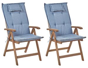 Sada 2 zahradních skládacích židlí z tmavého akáciového dřeva s modrými polštáři AMANTEA