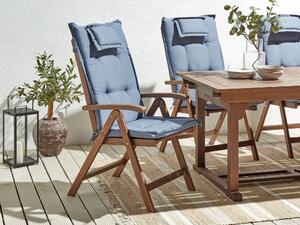 Sada 6 zahradních skládacích židlí z tmavého akáciového dřeva s modrými polštáři AMANTEA