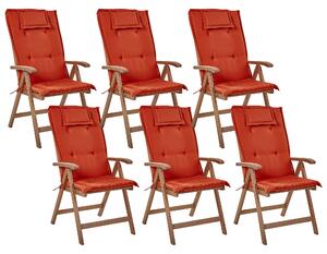 Sada 6 zahradních skládacích židlí z tmavého akáciového dřeva s červenými polštáři AMANTEA