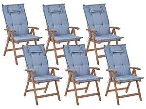 Sada 6 zahradních skládacích židlí z tmavého akáciového dřeva s modrými polštáři AMANTEA