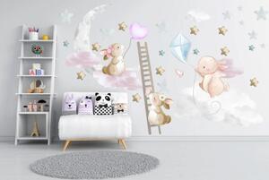 Milá dětská nálepka na zeď zajíčci v oblacích 80 x 160 cm