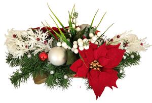 Smuteční aranžmán betonka umělé poinsettie vánoční hvězdy, bobule, vánoční koule a doplňky 50cm x 28cm x 28cm