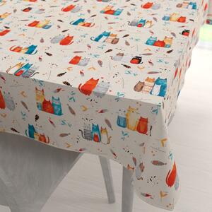 Biante Dětský bavlněný obdélníkový ubrus Sandra SA-655 Kočičí svět modro-červený na krémovém 50x100 cm