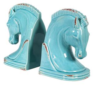 Designové azúrově modré zarážky na knihy Kůň s patinou vintage 20cm