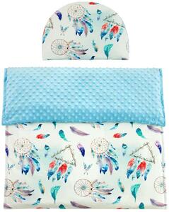 ESITO Luxusní deka s polštářem do kočárku Minky Modrý sen 3 v 1 - 65 x 85, 35 x 27 cm / modrá