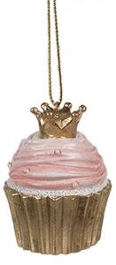 Růžová vánoční ozdoba zlatý dortík Cupcake s růžovou polevou a zlatou korunou – 4x6 cm