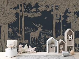 Dětská tapeta les - Monochrome Forest - Vintage blue | Fugu Materiál: Digitální eko vlies - klasická tapeta nesamolepicí