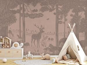 Dětská tapeta les - Monochrome Forest - Vintage pink | Fugu Materiál: Digitální eko vlies - klasická tapeta nesamolepicí