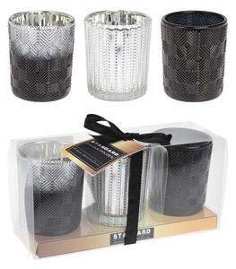 Svícen sklo 3ks set 170x58x83mm na dřev. tácku mix, černá, stříbrná, šedá