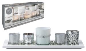 Svícen sklo 6ks set 190x70x90mm na dřev. tácku, bílá stříbrná