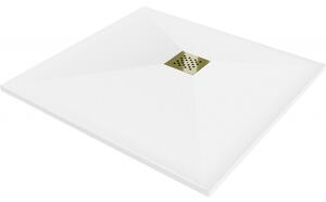 Mexen Stone+ čtvercová kompozitní sprchová vanička 70 x 70 cm, bílá, zlatý rošt - 44107070-G