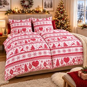 Povlečení bavlněné Vánoční povlečení Santa červený TiaHome - 1x Polštář 90x70cm, 1x Přikrývka 140x200cm