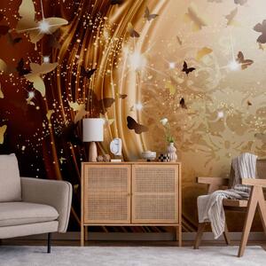 Fototapeta Abstrakce - mnoho motýlů plných lesku na zlatém pozadí s ornamenty
