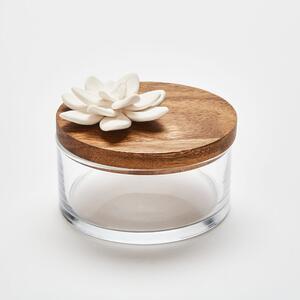 Lotus Box | Skleněná dóza s dřevěným víkem a bílou porcelánovou květinou Velikost: S