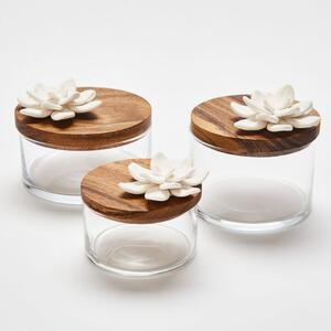 Lotus Box | Skleněná dóza s dřevěným víkem a bílou porcelánovou květinou Velikost: M